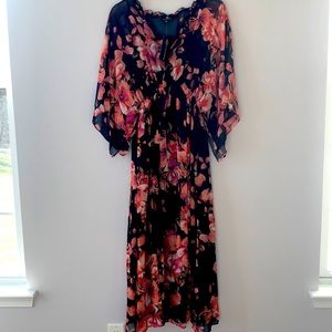 Kaftan / dress with floral overlay. Navy, peach